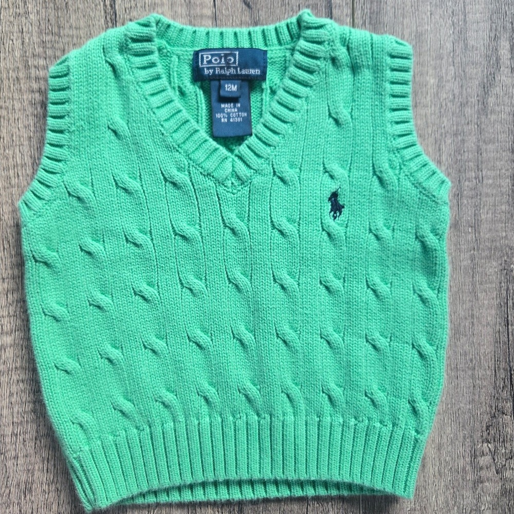 Polo Ralph Lauren Baby Boys Green Cable Knit Sweater Vest 12M 320059535